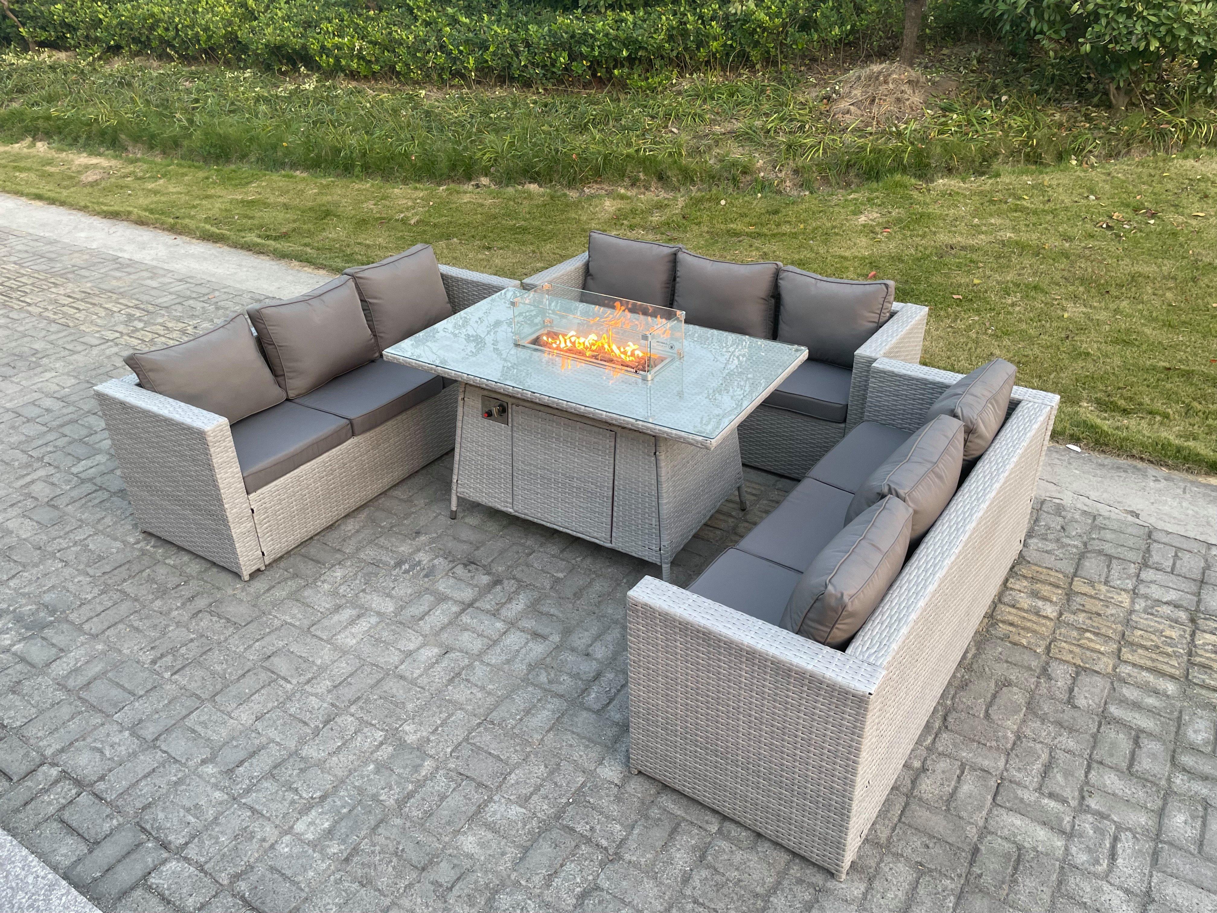 Light Grey U Shape Lounge Sofa Dining Set With Gas Fire Pit Dining Table Garden Furniture Set Heater